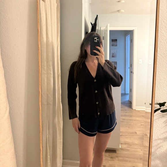 LOFT Petite Open Front Button Up Cardigan Sweater in Chocolate Brown - Picture 8 of 8